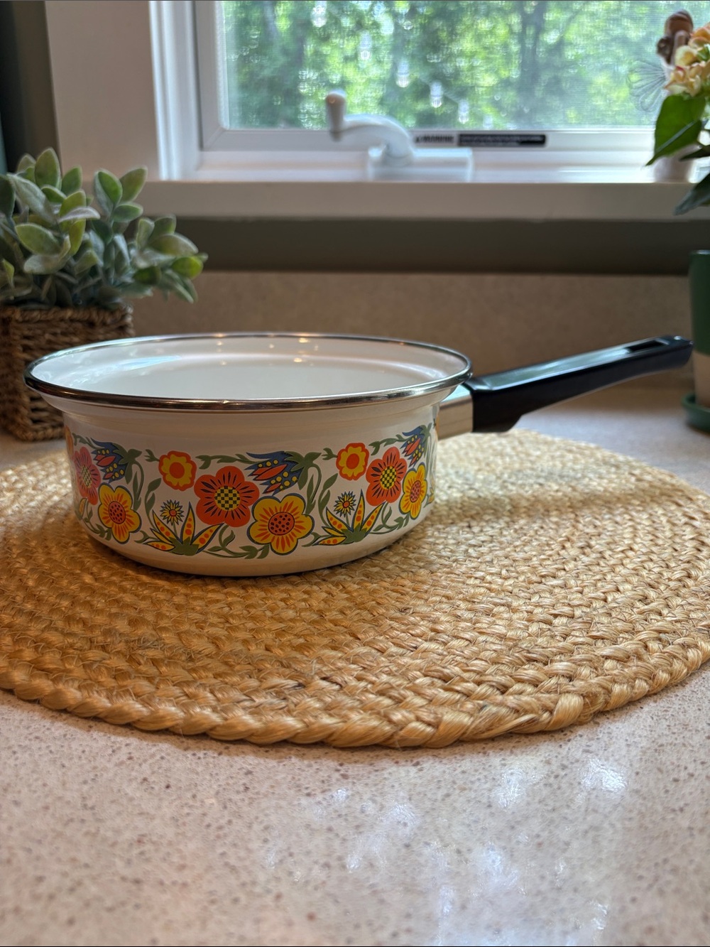 Vintage 1970s Enamelware Saucepan/Pot Flower Power